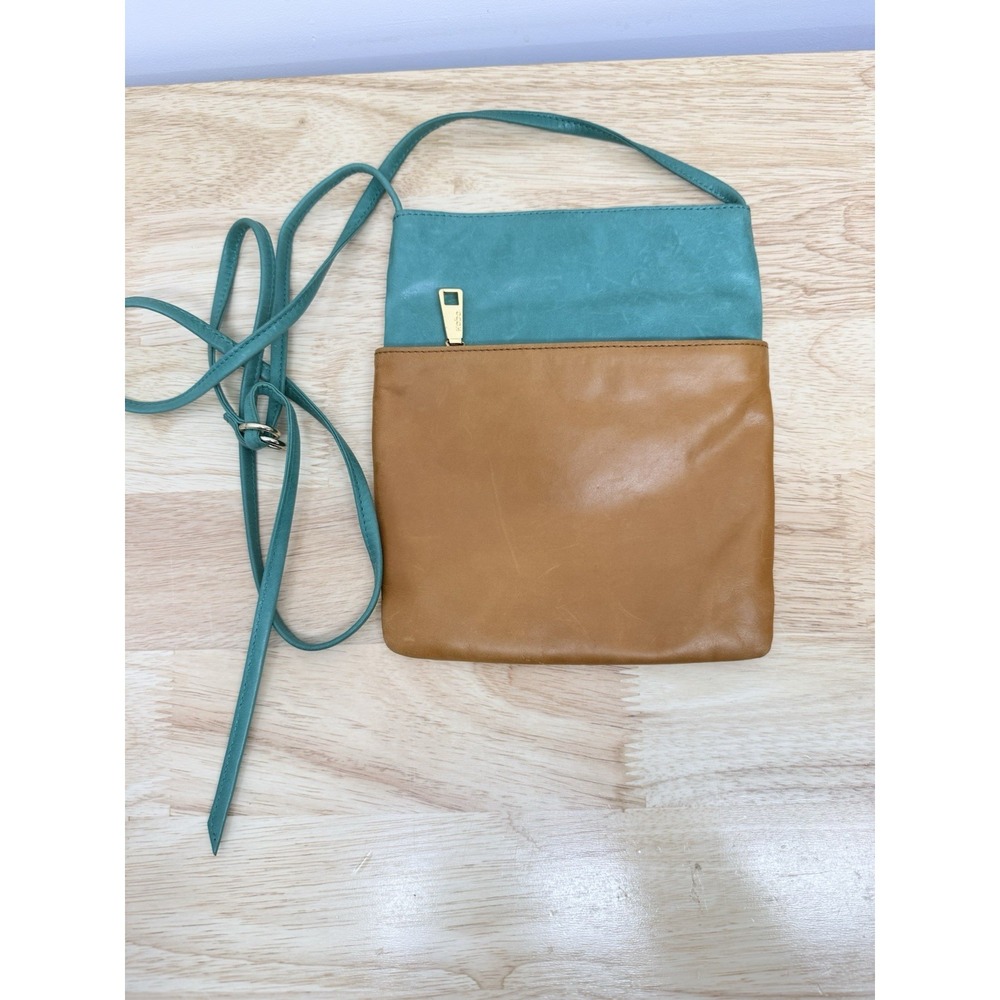 Hobo International Leather Crossbody Bag Teal Tan Colorblock Slim #13